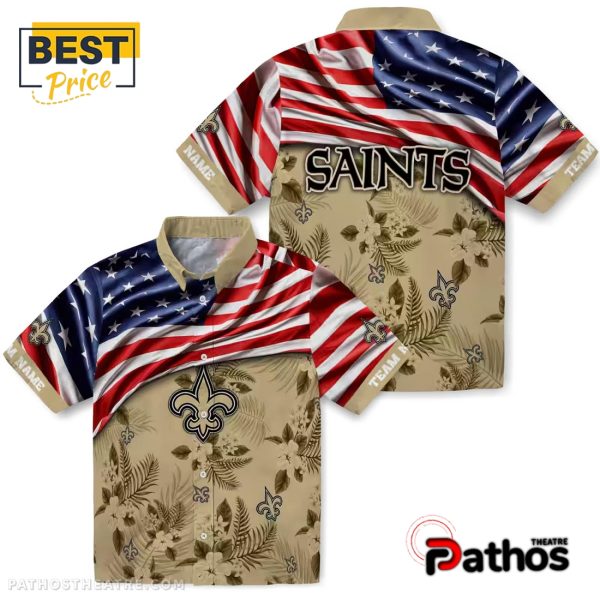 Custom New Orleans Saints US Flag Hibiscus Hawaiian Shirt