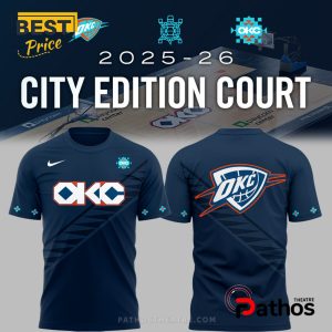 Navy OKC tee! 2025-26 City Edition Court shirt! Features the OKC logo, orange accents, and native-inspired details!