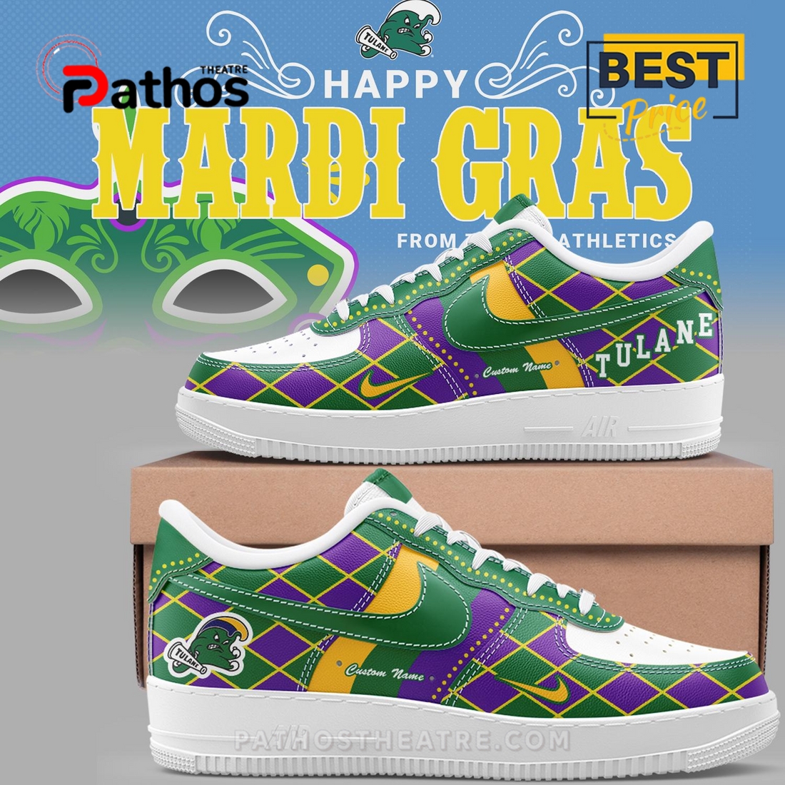 Tulane Baseball Limited Mardi Gras 2025 Air Force 1 Sneakers Tulane Baseball Limited Mardi Gras 2025 Air Force 1 Sneakers