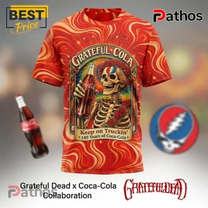 Red tee: 'Grateful Cola,' skeleton drinking Coke. 'Keep on Truckin'.' Retro design!