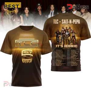 Brown tee with TLC and Salt-N-Pepa! Tour dates listed! Iconic 90s style!