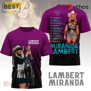 Purple tee with Miranda Lambert graphic and tour dates! Text: 'Lambert Miranda'.!