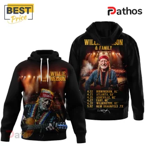 Black hoodie with Willie Nelson concert graphic, tour dates in white font, and Willie Nelson text in yellow!