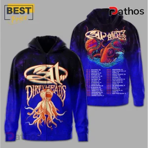311 Dirty Heads hoodie with tour dates, octopus art, purple nebula background. Band merch for fans!