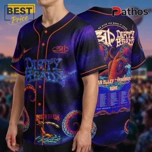 Dirty Heads tour baseball jersey! Black, purple space design with octopus and tour dates, text reads Dirty Heads!