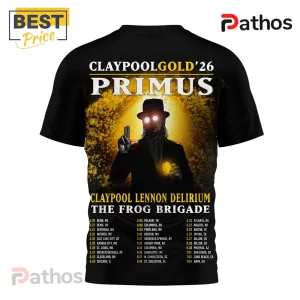 Primus Tour 2026 Claypool Lennon Delirium Concert Dates T-Shirt 3 Black band tee, retro art of fedora man glowing eyes, gold sphere,