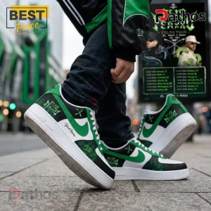 Custom Air Force 1 shoes: green, black, white. Features custom text. Find 'Your Name' AF1 sneakers now!