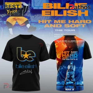 Black tees with Billie Eilish graphics; blue, gold text. Back tee: Hit Me Hard And Soft The Tour Live in 3D! May 8.!