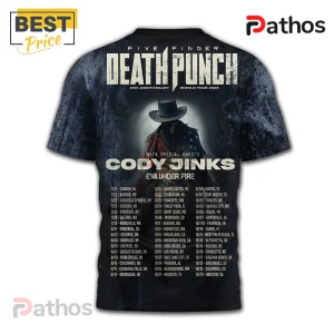 Five Finger Death Punch 20th Anniversary 3D Graphic T-Shirt 3 Five Finger Death Punch tour tee, black, gray, white, featuring tour dates and 'Cody Jinks' text!