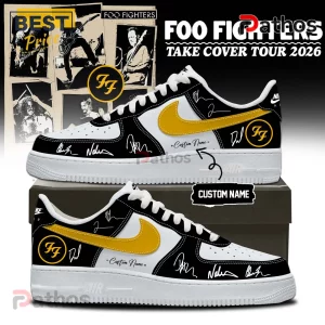 Black/white shoes with gold swoosh & 'Foo Fighters Take Cover Tour 2026' text! Custom name area included!