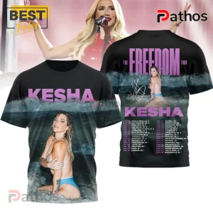 Black tee featuring singer Kesha, tour dates, pink text. Ocean wave design!