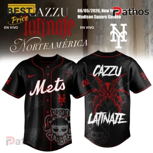 Black Mets jersey: Cazzu Latinaje Norteamerica. Skull graphic! Spider art! Date: 06/05/2026! Concert merch!