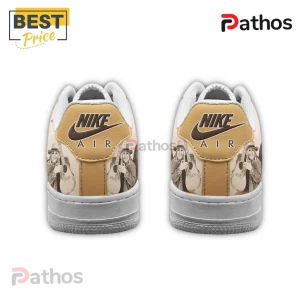 Wyonna & Melissa Etheridge Custom Air Force 1 Premium Sneakers 3 White tan custom sneakers, sepia portrait style graphic of smiling woman with guitar, NIKE AIR text on heel!