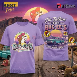 Buc-ee's Date Night Vintage Truck Graphic Tee Shirt 1 Purple vintage Buc-ee's tee! Retro beaver, teal truck, sunset! Text reads: BUG-EE'S, I'm Talkin' 'BOUT BUC-EE'S on a Date night!