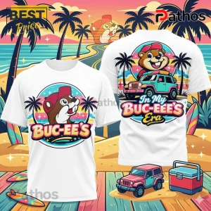 Buc-ee's In My Buc-ee's Era 3D Graphic Print Tee Shirt 1 White tee with Buc-ee's beaver, palm trees, jeep, and text 'In My Buc-ee's Era'! Retro design!