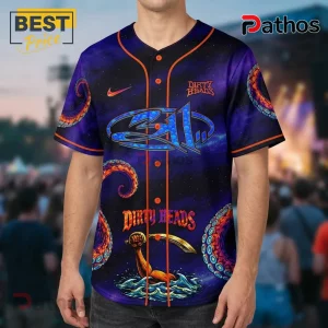 Purple baseball jersey with 311, Dirty Heads text, octopus graphic, and orange trim!