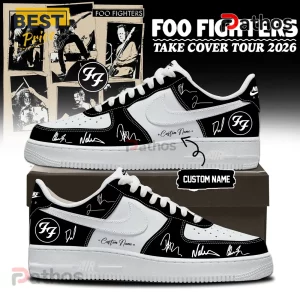 Black & white Foo Fighters shoes with band member autographs, custom name option, & 'Take Cover Tour 2026' text!