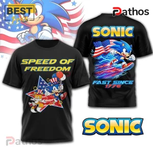 Black tee, retro Sonic and Tails on USA star, text 