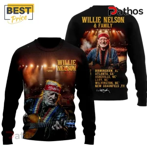 Willie Nelson concert black sweatshirt! Cities text. Red, orange, gold tones, musician graphic print apparel!