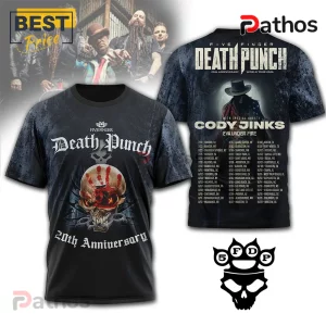 Five Finger Death Punch 20th Anniversary 3D Graphic T-Shirt 1 Black tee with skull graphic, Five Finger Death Punch, 20th Anniversary text, tour dates! Rock concert vibes!