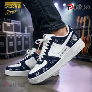 White and navy blue sneakers with band signatures and the words 'Custom Name'.!