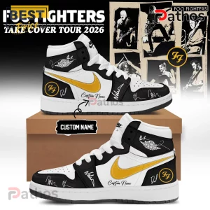Custom shoes: black and white with gold swoosh, 'BEST FIGHTERS TAKE COVER TOUR 2026' text, FF logo, and signatures!