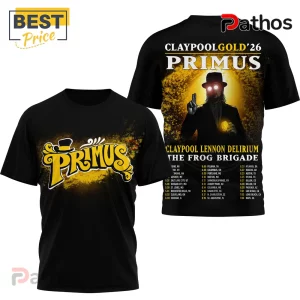 Primus Tour 2026 Claypool Lennon Delirium Concert Dates T-Shirt 4 Black Primus concert tour t-shirt! Yellow retro logo, top hat icon, glowing figure,
