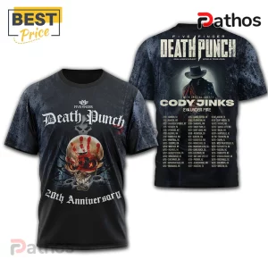 Five Finger Death Punch 20th Anniversary 3D Graphic T-Shirt 4 Black tee with Five Finger Death Punch 20th Anniversary tour dates and skull graphic!