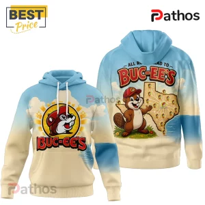 Buc-ee's hoodie: blue, beige, & white tones. Features cartoon beaver logo & 'Buc-ee's' text. All Road lead to Buc-ee's, Texas map print!