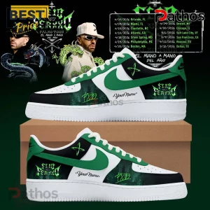 Custom white sneakers with green accents; 
