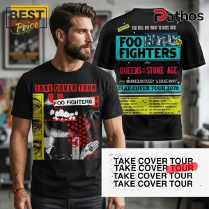 Foo Fighters Take Cover Tour 2026 Band Concert Graphic T-Shirt 1 Black Foo Fighters tee! Take Cover Tour 2026, Queens of the Stone Age design with yellow, white, and red graphics!