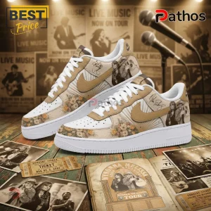 Wyonna & Melissa Etheridge Custom Air Force 1 Premium Sneakers 1 White tan retro floral sneakers with musician art, radial sunbursts, and Wynonna Melissa Etheridge Tour text!