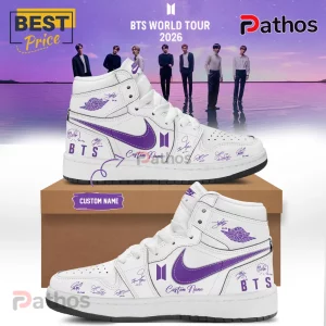 White hi-top shoes show purple BTS logo, tour 2026 text, band member autographs, and CUSTOM NAME option!