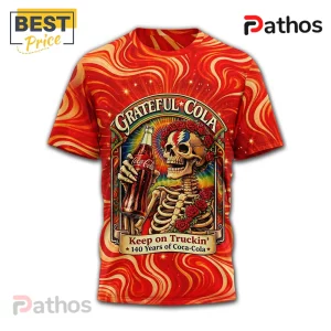 Red tee with Grateful Cola text, skeleton drinking Coca-Cola, roses, and 'Keep on Truckin'.' Vintage style!