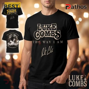 Black country music tee with cream 'LUKE COMBS' text, red 'THE' and cream 'WAY I AM' plus white signature on front!