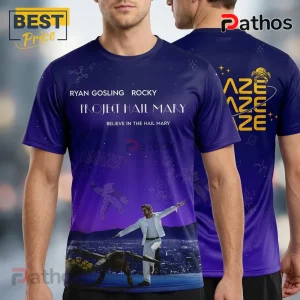 Purple tee with 'Ryan Gosling, Rocky, Project Hail Mary' text and the word 'Amaze!' plus sci-fi designs!