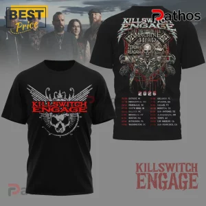 Black tee. Killswitch Engage band merch with tour dates, skull, skeleton. Red and white design!