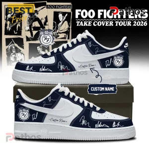 Foo Fighters Take Cover Tour 2026 Signature Air Force 1 1 Foo Fighters AF1 sneakers: White/Navy shoes, band logo, Take Cover Tour 2026 text, signatures, customizable name! Rock vibe!