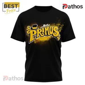 Primus Tour 2026 Claypool Lennon Delirium Concert Dates T-Shirt 2 Black t-shirt with a decorative retro yellow