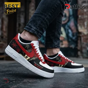 Bring Me The Horizon Ascension Program Custom Air Force 1 Shoes 1 Black, white, red custom shoes with horror, spider, star, skull, umbrella designs; text: WILL WE EVER SEE THE END?!