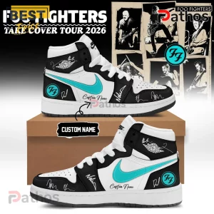 Custom AJ1 style sneakers: black, white, teal. Features Foo Fighters design with 'BEST FIGHTERS TAKE COVER TOUR 2026' text!