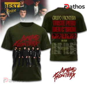 Grupo Frontera T-shirt: Green tee with tour dates and group photo. 'Grupo Frontera' text in red and yellow.!