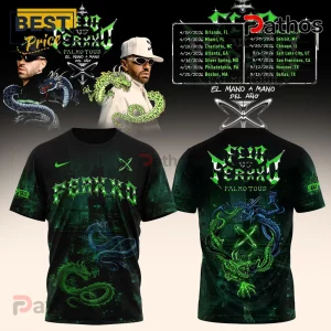 Black Ferxxo t-shirt featuring green dragon graphics, concert tour dates! Edgy streetwear vibe!