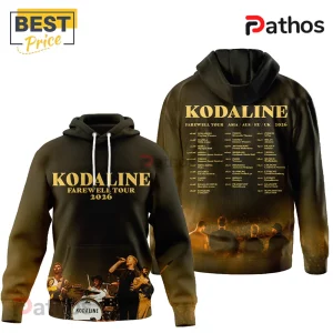 Dark hoodie, gold KODALINE Farewell Tour 2026 text, band image, tour dates/locations listed!