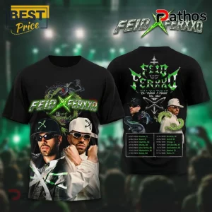 Black tee with FEID X FERXXO text and tour dates. Features musician portraits and green dragon art!