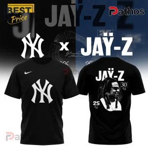 Black Jay-Z tee featuring a NY Yankees logo and b&w portrait, plus '26' and '30' dates!