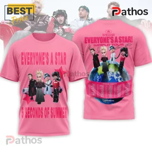 5SOS Everyone's A Star World Tour Graphic Print Music Band T-Shirt 2 Pink tee with 'EVERYONE'S A STAR' and '5 SECONDS OF SUMMER' text! Band member graphics featured!