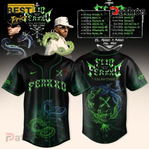 Black baseball jersey with FERXXO text, green accents, and tour dates. Dragon graphic design!