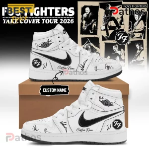 Foo Fighters Take Cover Tour 2026 Limited Edition Custom Air Jordan 1 1 White shoes feature Foo Fighters theme: 'BEST FIGHTERS TAKE COVER TOUR 2026,' band photos, plus custom name option!