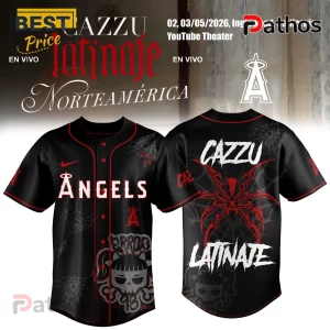 Cazzu Latinaje En Vivo Tour Angels Baseball Jersey 1 Black Angels baseball jersey! Cazzu Latinate text, skull graphic, spider web print, red trim, Angeles logo, MLB vibe!